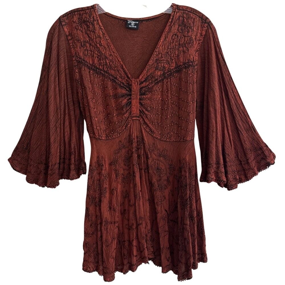 Renassiance Fairy Babydoll Top Womens Sz S Rust Embroidered Boho Whimsigoth Flow
